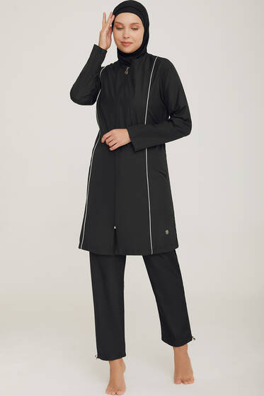 Metal Armalı Fermuarlı Tesettür Mayo Siyah - Tesettür Mayo