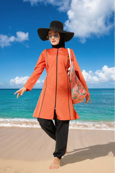 Metal Armalı Fermuarlı Tesettür Mayo Tarçın - Tesettür Mayo