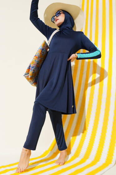 Metal Armalı Likralı Tesettür Mayo Koyu Lacivert - Tesettür Mayo