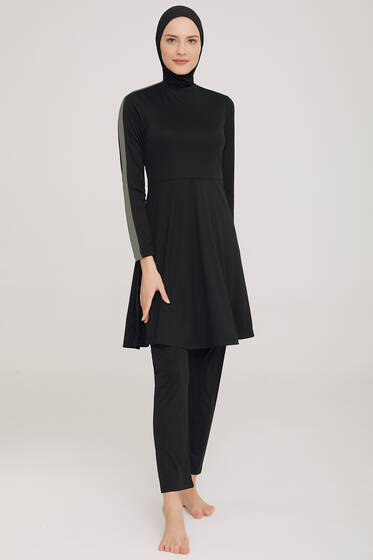 Metal Armalı Likralı Tesettür Mayo Siyah - Tesettür Mayo