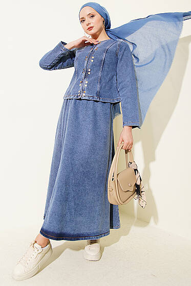 Metal Çıtçıt Düğmeli Etekli İkili Takım Kot Mavisi - İkili Takım