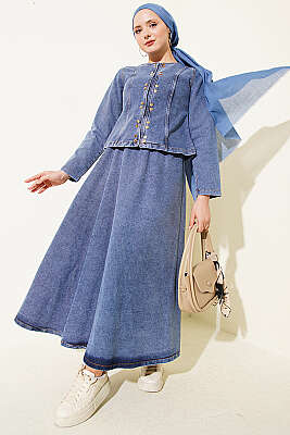 Metal Çıtçıt Düğmeli Etekli İkili Takım Kot Mavisi - İkili Takım
