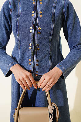 Metal Çıtçıt Düğmeli Etekli İkili Takım Kot Mavisi - İkili Takım