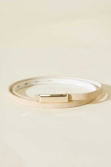 Metal Dikdörtgen Tokalı İnce Kemer Bej - Deri Kemer