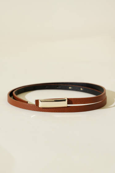 Metal Dikdörtgen Tokalı İnce Kemer Taba - Deri Kemer