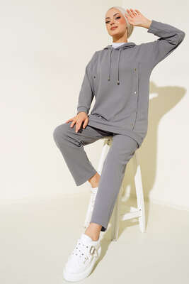 Metal Düğme Detaylı İkili Takım Füme 