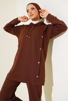 Metal Düğme Detaylı İkili Takım Kahve 