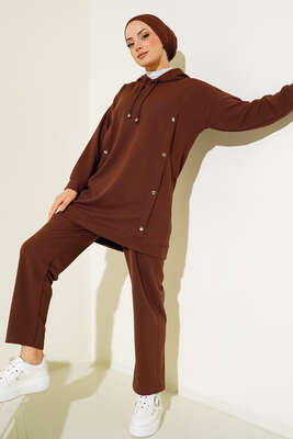 Metal Düğme Detaylı İkili Takım Kahve - İKİLİ TAKIM