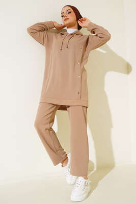 Metal Düğme Detaylı İkili Takım Latte 