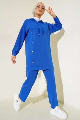 Metal Düğme Detaylı İkili Takım Saks - NEVA MODA