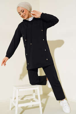 Metal Düğme Detaylı İkili Takım Siyah 