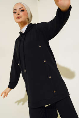 Metal Düğme Detaylı İkili Takım Siyah - İKİLİ TAKIM