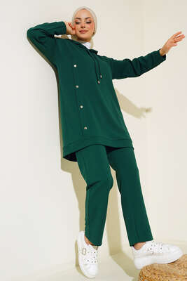 Metal Düğme Detaylı İkili Takım Zümrüt Yeşili 