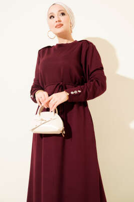 Metal Düğme Süslemeli Bağcıklı Elbise Bordo - Elbise
