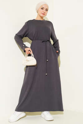 Metal Düğme Süslemeli Bağcıklı Elbise Füme - HBS