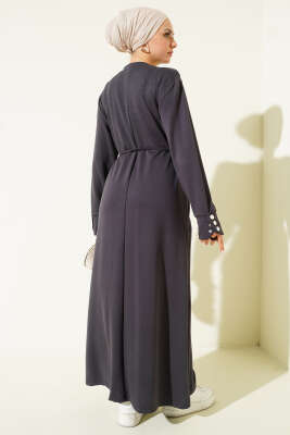 Metal Düğme Süslemeli Bağcıklı Elbise Füme - Elbise