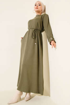 Metal Düğme Süslemeli Bağcıklı Elbise Haki - HBS
