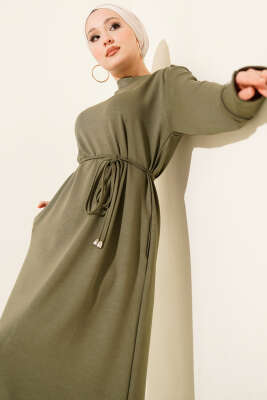 Metal Düğme Süslemeli Bağcıklı Elbise Haki - Elbise
