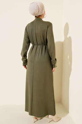 Metal Düğme Süslemeli Bağcıklı Elbise Haki - Elbise
