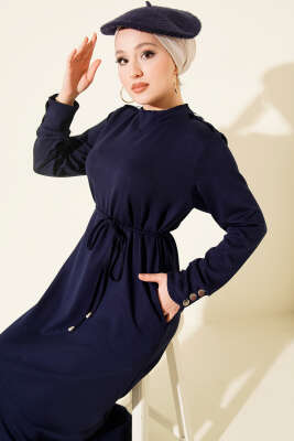 Metal Düğme Süslemeli Bağcıklı Elbise Lacivert - Elbise