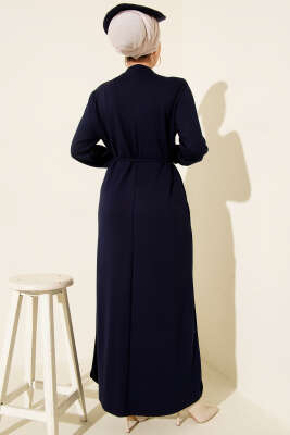 Metal Düğme Süslemeli Bağcıklı Elbise Lacivert - Elbise