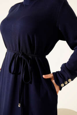 Metal Düğme Süslemeli Bağcıklı Elbise Lacivert - Elbise