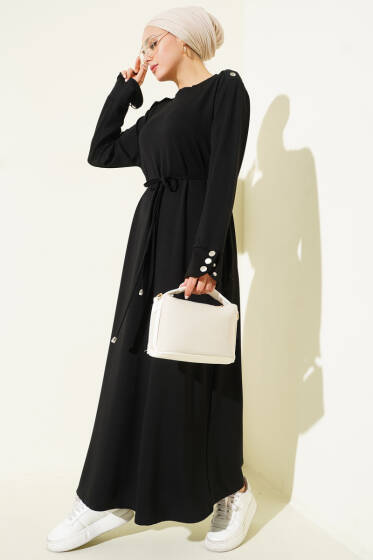 Metal Düğme Süslemeli Bağcıklı Elbise Siyah - Elbise