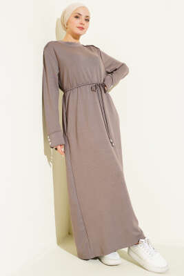 Metal Düğme Süslemeli Bağcıklı Elbise Vizon - Elbise