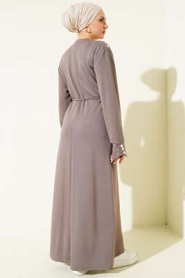 Metal Düğme Süslemeli Bağcıklı Elbise Vizon - Elbise