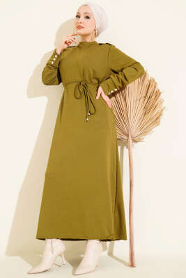 Metal Düğme Süslemeli Bağcıklı Elbise Yağ Yeşili - Elbise