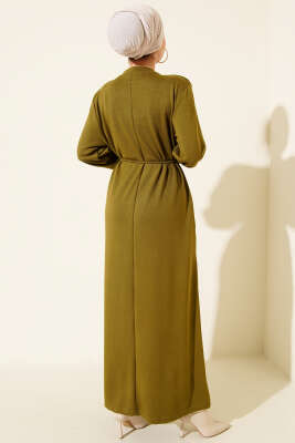 Metal Düğme Süslemeli Bağcıklı Elbise Yağ Yeşili - Elbise