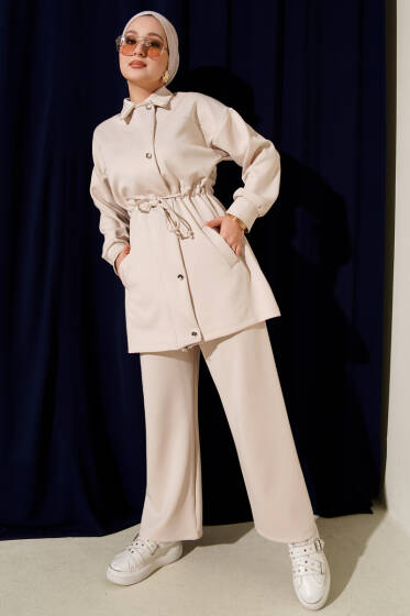 Metal Düğmeli Bel Tünelli Scuba İkili Takım Bej - İkili Takım
