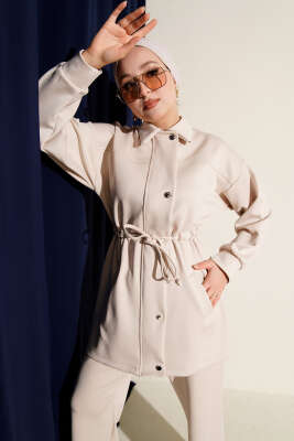 Metal Düğmeli Bel Tünelli Scuba İkili Takım Bej - İkili Takım