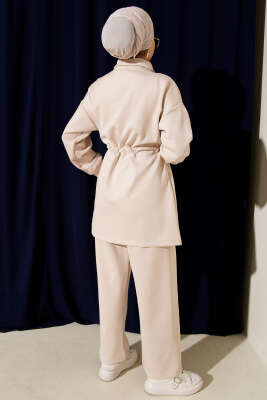 Metal Düğmeli Bel Tünelli Scuba İkili Takım Bej - İkili Takım