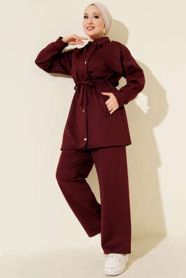 Metal Düğmeli Bel Tünelli Scuba İkili Takım Bordo - NESSİA