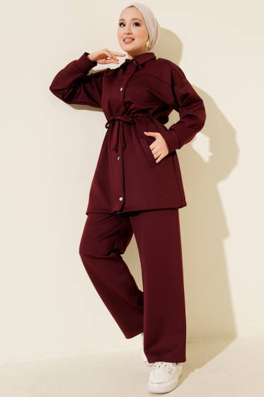 Metal Düğmeli Bel Tünelli Scuba İkili Takım Bordo - İkili Takım