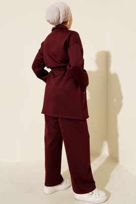 Metal Düğmeli Bel Tünelli Scuba İkili Takım Bordo - İkili Takım