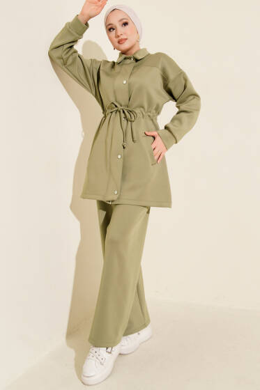 Metal Düğmeli Bel Tünelli Scuba İkili Takım Çağla Yeşili - İkili Takım