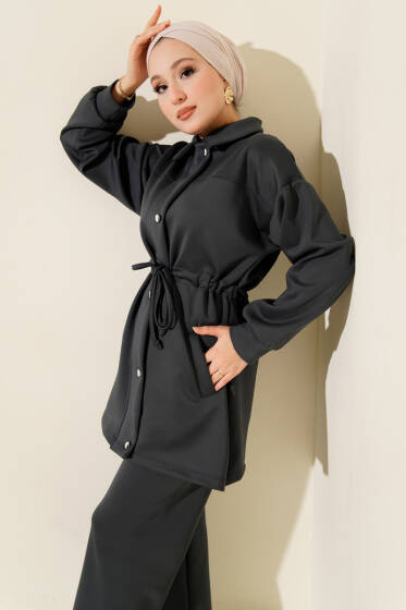 Metal Düğmeli Bel Tünelli Scuba İkili Takım Füme - İkili Takım