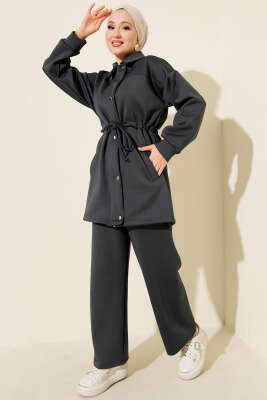 Metal Düğmeli Bel Tünelli Scuba İkili Takım Füme - İkili Takım