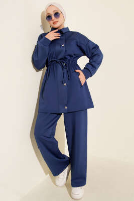 Metal Düğmeli Bel Tünelli Scuba İkili Takım Lacivert - NESSİA