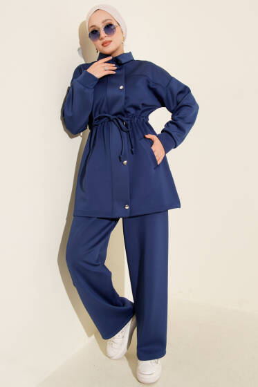 Metal Düğmeli Bel Tünelli Scuba İkili Takım Lacivert - İkili Takım