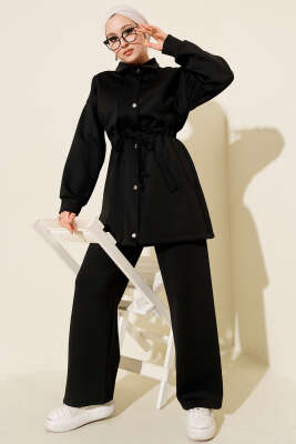 Metal Düğmeli Bel Tünelli Scuba İkili Takım Siyah - NESSİA