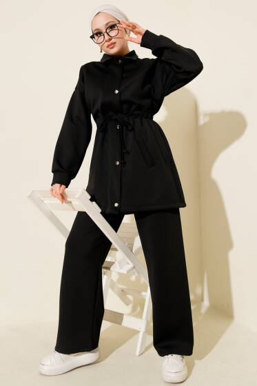 Metal Düğmeli Bel Tünelli Scuba İkili Takım Siyah - İkili Takım