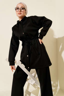 Metal Düğmeli Bel Tünelli Scuba İkili Takım Siyah - İkili Takım