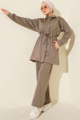 Metal Düğmeli Bel Tünelli Scuba İkili Takım Vizon - NESSİA