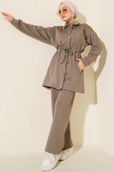 Metal Düğmeli Bel Tünelli Scuba İkili Takım Vizon - İkili Takım