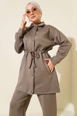 Metal Düğmeli Bel Tünelli Scuba İkili Takım Vizon - İkili Takım