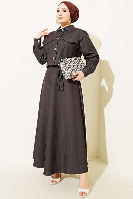 Metal Düğmeli Ceketli Kot Jile Takım Kahve - WENNA DESIGN