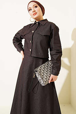 Metal Düğmeli Ceketli Kot Jile Takım Kahve - İkili Takım